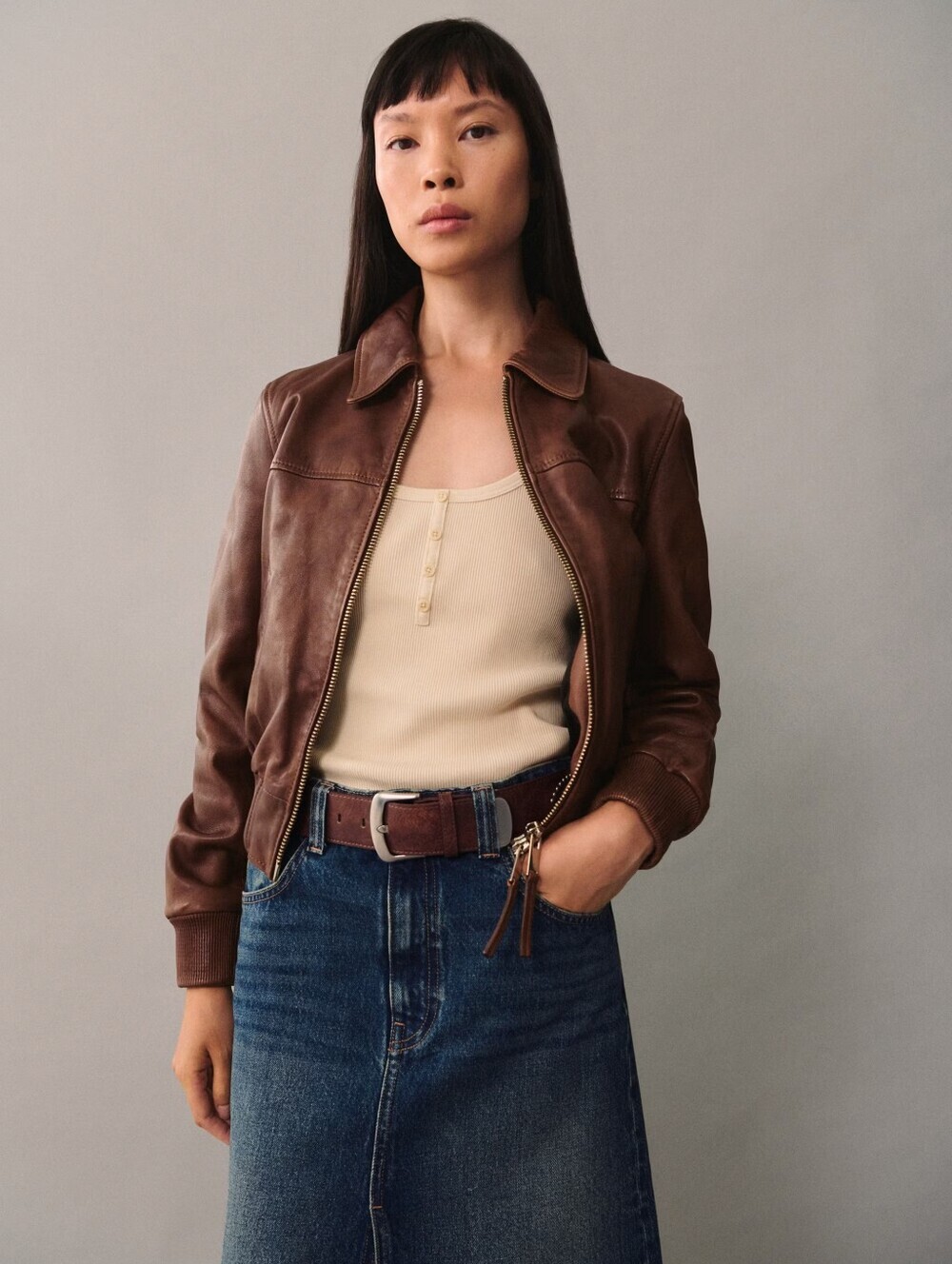Mango Bronw 100% leather jacket